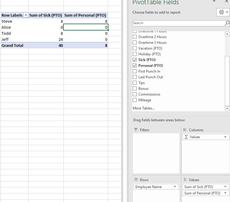 Microsoft Excel Pivot Table example with fields listed